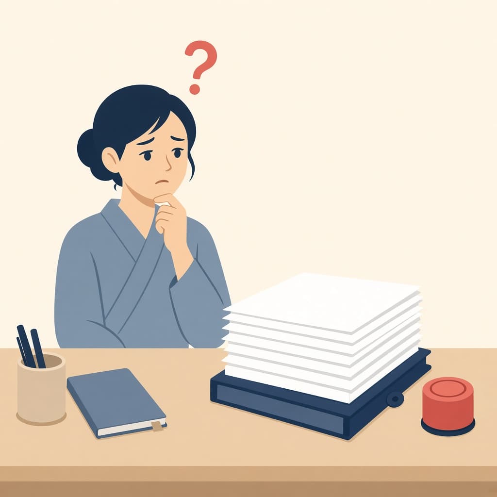 書類や名義変更の手続きに戸惑うお客様のイラスト